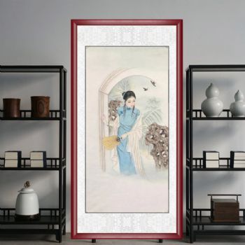 着蓝色旗袍仕女图四尺精品仕女水墨工笔人物国画纯手绘国画
