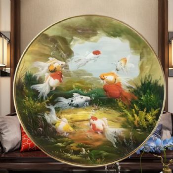 新中式九鱼图纯手绘油画锦鲤图圆形油画