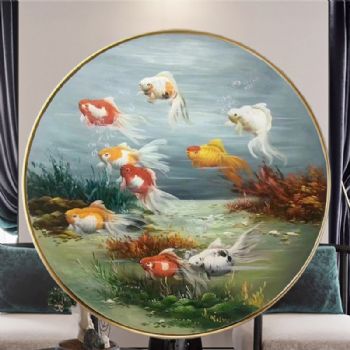 小写意新中式九鱼图纯手绘油画锦鲤图圆形油画