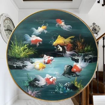 品质新中式九鱼图纯手绘油画锦鲤图圆形油画
