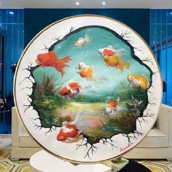 原创现代新中式九鱼图纯手绘油画锦鲤图圆形油画