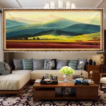纯手绘美式沙发背景墙装饰画巨人山欧式客厅玄关风景油画