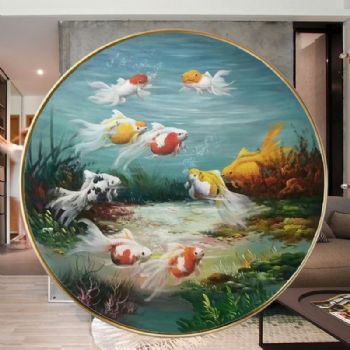 动物油画客厅油画小写意新中式九鱼图纯手绘油画锦鲤图圆形油画