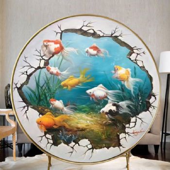 锦鲤图动物油画纯手绘油画餐厅油画小写意新中式九鱼图