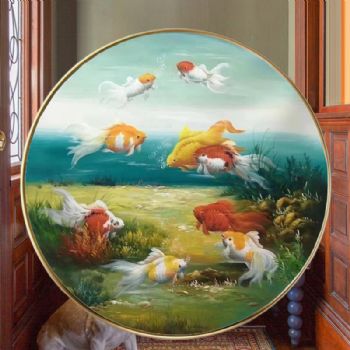 圆形油画动物油画酒店装饰油画小写意新中式九鱼图装饰油画