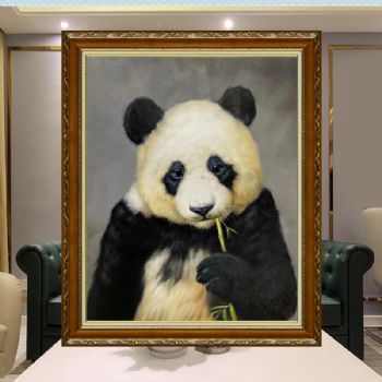 精品动物油画系列纯手绘写实动物油画吃竹子的大熊猫