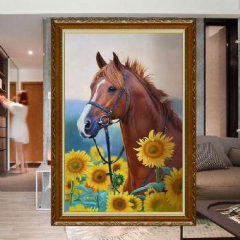 棕色大马与向日葵精品动物油画系列纯手绘写实动物油画
