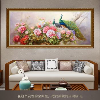 纯手绘油画富贵牡丹吉祥如意孔雀图中式油画家庭客厅大厅挂画