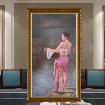 原创写实人体油画作品纯手绘人物油画池塘边洗衣服的美女油画作品