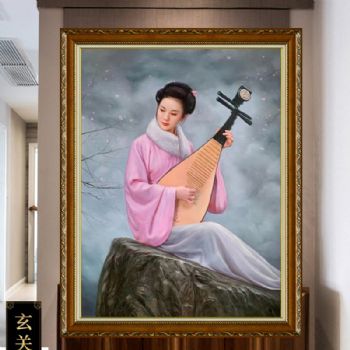 纯手绘人物油画新中式古典人物美女图弹琵琶的美女油画作品