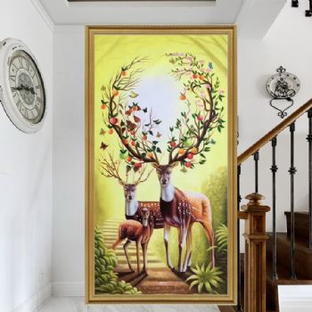 小鹿系列幸福快乐的一家情纯手绘油画动物油画情景动物油画