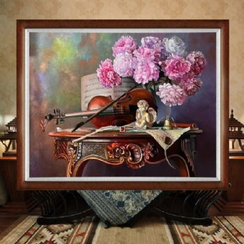 欧式古典精品花卉系列纯手绘写实油画桌面上的小提琴花卉油画