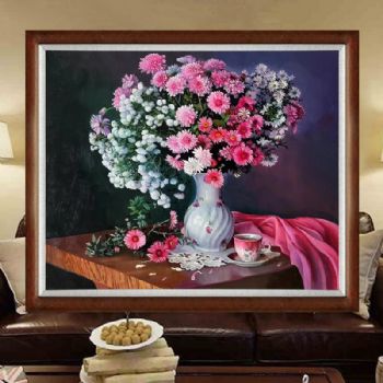 精品花卉系列纯手绘写实油画桌面上白色花瓶小花朵