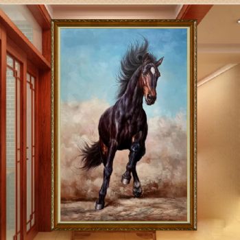 骏马系列奔跑的黑马写实手绘油画实木画框