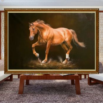 骏马系列行进中的棕色大马写实手绘油画实木画框动物油画