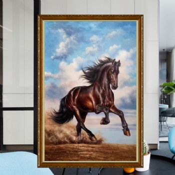骏马系列白云下奔跑的黑马写实手绘油画实木画框