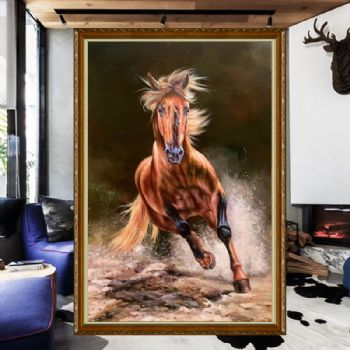 骏马系列奔跑的棕色大马写实手绘油画实木画框