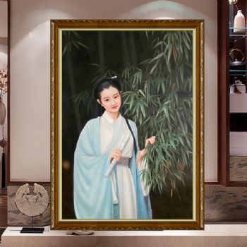 纯手绘人物油画新中式古装人物美女图竹林旁思索者实木画框