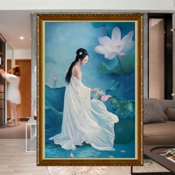 荷花池美女图实木画框纯手绘人物油画新中式古装人物美女图