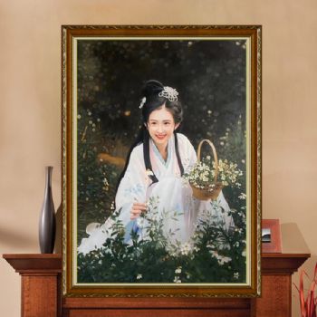 古装人物油画纯手绘人物油画新中式采花的美女油画作品实木画框