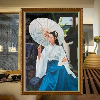 油纸伞下的美女图纯手绘人物油画古装美女图写实人物油画