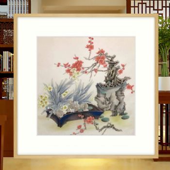 红梅与水仙中式国画纯手绘工笔水墨国画