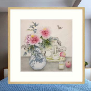 牡丹花瓶图红红火火桃子写实中式国画纯手绘工笔水墨国画