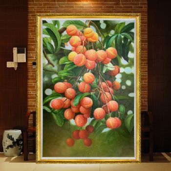 超写实精品荔枝油画作品纯手绘花鸟油画寓意大吉利新中式油画