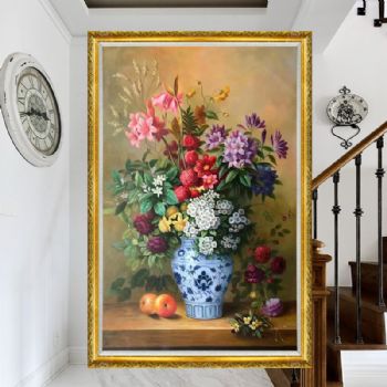 纯手绘花卉花瓶油画高品质适合玄关的花卉作品