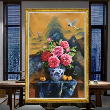 新中式精品牡丹油画纯手绘花开富贵世世平安实力画家作品