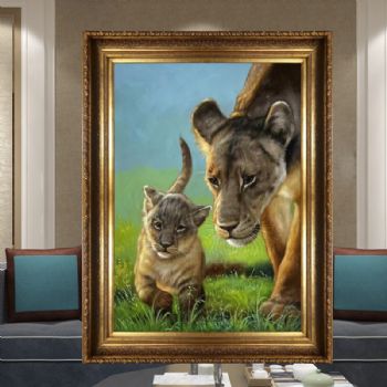 精品动物写实油画温情系列狮与子纯手绘实力画家油画作品