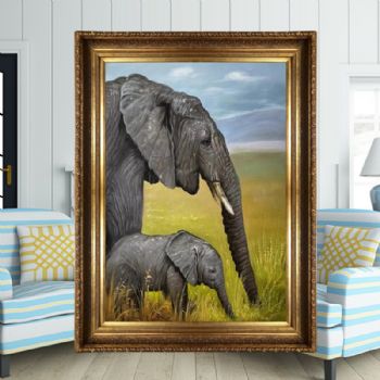 精品动物写实油画温情系列象与子纯手绘实力画家油画作品