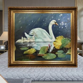 精品动物写实油画温情系列天鹅与子纯手绘实力画家油画作品