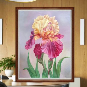 手绘精品鸢尾花适合餐厅的精品纯手绘花卉油画实木画框