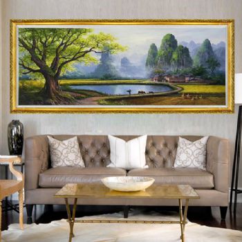 纯手绘风景油画桂林山水风景油画农村风景山水画实木画框