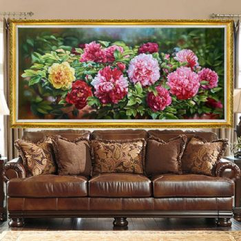 高品质写实牡丹油画纯手绘花卉油画花开富贵牡丹图实木画框