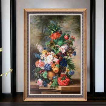 精品欧式古典花卉油画桌子上的的花卉写实画实木画框