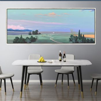 现代轻奢简约风景油画纯手绘田园风景油画PS环保线条框