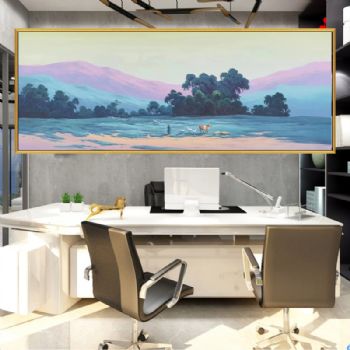 现代轻奢简约风景油画牧羊人纯手绘田园风景油画PS环保线条框