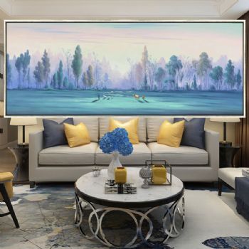 现代轻奢简约风景油画林中牧羊人纯手绘田园风景油画PS环保线条框