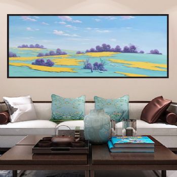 现代轻奢简约风景油画草黄了牧羊人纯手绘田园风景油画PS环保线条框