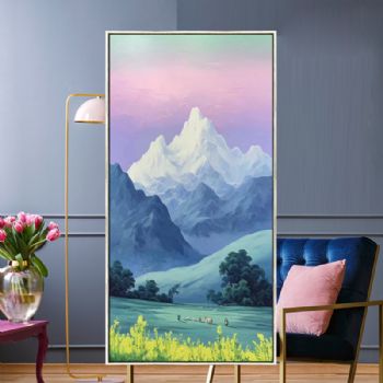 雪山下的风景现代装饰玄关画现代轻奢简约风景油画PS环保线条框