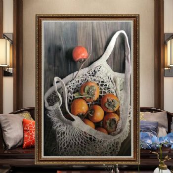 一袋好事柿子图超写实精品静物水果油画新中式纯手绘油画