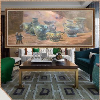 纯手绘精品写实青铜器酒杯油画新中式酒店大厅油画