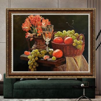 酒杯青提与桔子图纯手绘水果精品静物写实油画