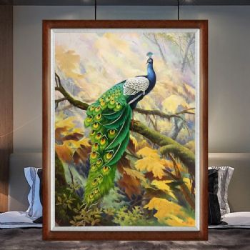 实力画家精品动物油画孔雀图孔雀上墙幸福吉祥实木画框