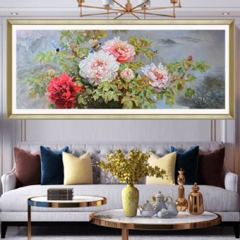 纯手绘花卉油画精品写实牡丹图喜上枝头蝶恋花