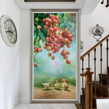 励志成长新中式纯手绘油画荔枝与小鸡图动物油画实木画框