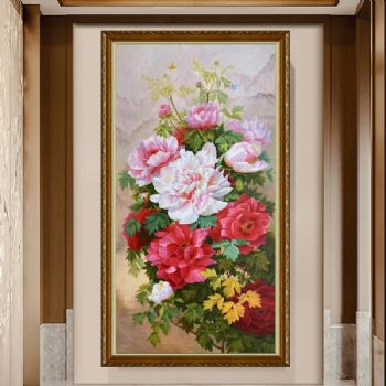 精品牡丹油画新中式纯手绘油画花鸟画玄关挂画实木画框