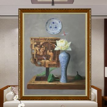 寓意平安幸福静物超写实油画新中式青花瓷写实油画纯手绘油画